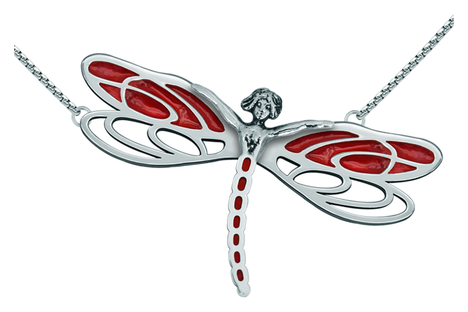 Pendentif Art Nouveau en argent "Nymphe avec ailes de libellule" (Rouge)Referencia: CO1566Pendentif en acier inoxydable poli et en argent sterling émaillé.Pièces de musée inspirées des œuvres les plus représentatives des mouvements Art nouveau et Art déco, et du modernisme de la fin du XIXe siècle et du début du XXe siècle.Medida: 70x39mm.