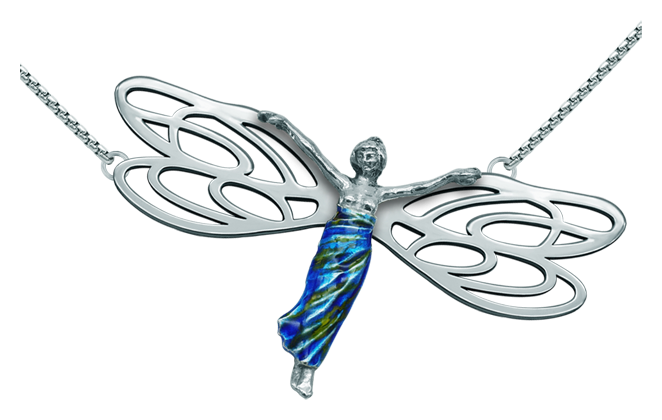 Silberner Jugendstil-Anhänger "Frau mit Libellenflügeln"Ref. Code: CO1573Anhänger aus glatt poliertem Edelstahl und emailliertem Sterlingsilber.Museumsstücke, die von den repräsentativsten Werken des Jugendstils, des Art déco und des Modernismus des späten 19. und frühen 20. Jahrhunderts inspiriert sind.Gr&ouml;&szlig;e: 70x36mm.