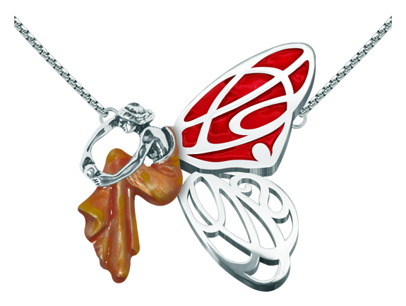 Pendentif Art nouveau en argent émaillé et acier inoxydable "Femme assise avec ailes de papillon" (Rouge)Referencia: CO1588Pendentif en acier inoxydable poli et en argent sterling émaillé.Pièces de musée inspirées des œuvres les plus représentatives des mouvements Art nouveau et Art déco, et du modernisme de la fin du XIXe siècle et du début du XXe siècle.Medida: 45x45mm.