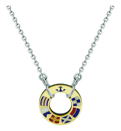 Pendentif en or et acier "Drapeaux nautiques"Referencia: CO1844Pendentif personnalisé en forme de roue avec des drapeaux nautiques représentant votre nom, sculptés en or 18 carats et émaillés au four dans les couleurs qui vous représentent.Medida: 20x20mm.