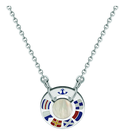 Pendentif en argent, acier et nacre "Drapeaux nautiques"Referencia: CO1850Pendentif personnalisé en forme de roue avec des drapeaux nautiques représentant votre nom, sculpté dans de l'argent sterling et émaillé au four dans les couleurs de votre représentant, avec de la nacre au centre.Medida: 20x20mm.