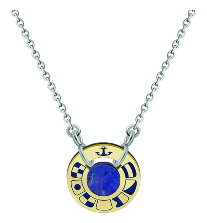 Pendentif en or, acier et lapis-lazuli "Drapeaux nautiques" (Lapis lazuli)Referencia: CO1851Pendentif personnalisé en forme de roue avec des drapeaux nautiques représentant votre nom, sculpté en or 18 carats et émaillé au four en une seule couleur, avec un lapis-lazuli au centre.Medida: 20x20mm.