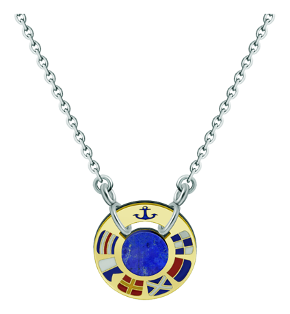 Pendentif en or, acier et lapis-lazuli "Drapeaux nautiques" (Lapis lazuli)Referencia: CO1854Pendentif personnalisé en forme de roue avec des drapeaux nautiques représentant votre nom, sculpté en or 18 carats et émaillé au four aux couleurs de votre représentant, avec un lapis-lazuli au centre.Medida: 20x20mm.