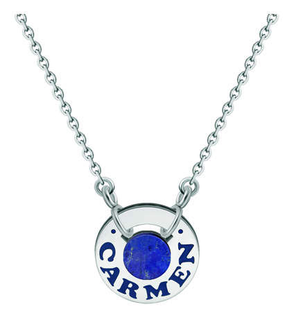 Pendentif personnalisé en argent, acier et lapis-lazuli "Nom" (Lapis lazuli)Referencia: CO1858Pendentif roue personnalisé avec votre nom gravé en argent sterling et émaillé au four, avec un lapis-lazuli au centre.Medida: 20x20mm.