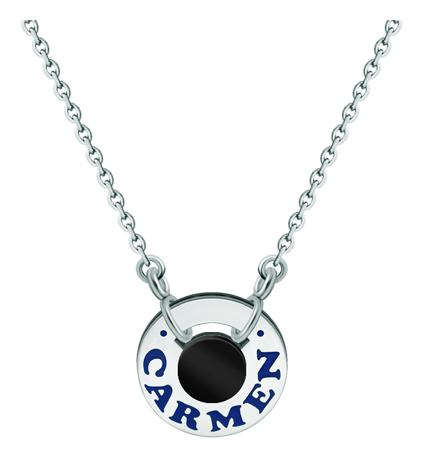 Pendentif personnalisé en argent, acier et onyx noir "Nom" (Onix)Referencia: CO1859Pendentif roue personnalisé avec votre nom gravé en argent sterling et émaillé au four, avec un onyx noir au centre.Medida: 20x20mm.