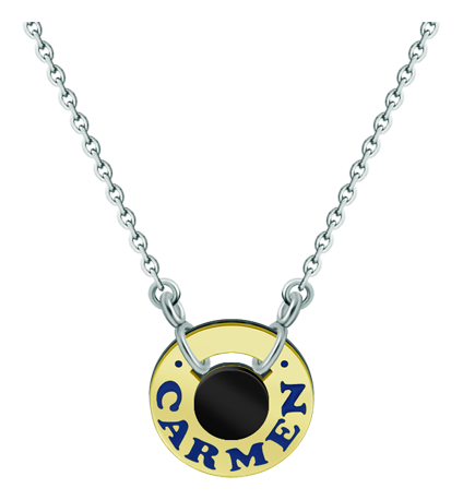 Pendentif personnalisé en or, acier et onyx noir "Nom" (Onix)Referencia: CO1862Pendentif roue personnalisé avec votre nom gravé en or 18 carats et émaillé au four, avec un onyx noir au centre.Medida: 20x20mm.