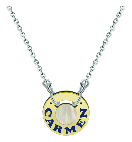 Personalisierter Anhänger aus Gold, Stahl und Perlmutt "Name" (Nacre)Ref. Code: CO1863Personalisierter Radanhänger mit Ihrem Namen in 18-karätigem Gold eingraviert und einbrennlackiert, mit Perlmutt in der Mitte.Gr&ouml;&szlig;e: 20x20mm.