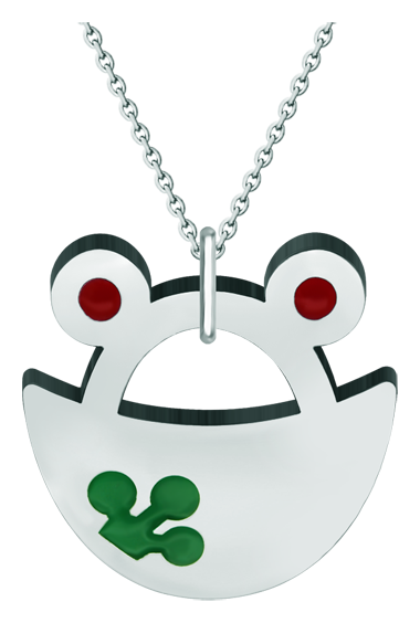 Pendentif en acier inoxydable "silhouette de grenouille"Referencia: CO1880Pendentif en acier poli et émaillé au four.Medida: 45x45mm.