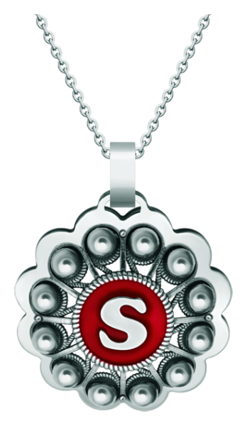 Colgante Botón Charro personalizado en plata y acero (Rojo)Referencia: CO1940Colgante fabricado en plata de ley y acero pulido suave al tacto, personalizado con inicial de su nombre esmaltada al horno.Medida: 43x43mm.