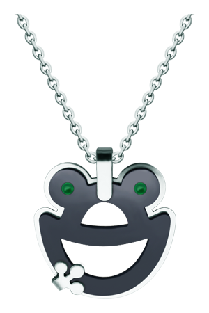 Frosch-Anhänger aus Ruthenium und StahlRef. Code: CO1987Anhänger aus poliertem Edelstahl, glatt und rutheniumbeschichtet.Gr&ouml;&szlig;e: 27x30mm.