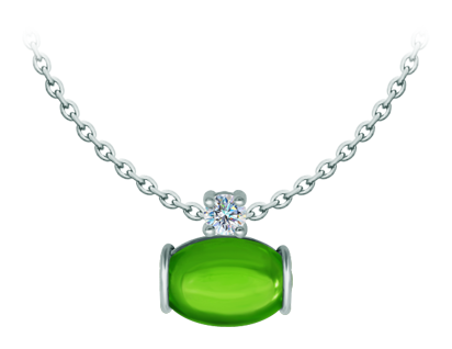 Silver pendant with oval colored crystals and moissanite (Green)Ref. code: CO1993Pendant made in sterling silver with a 16x12mm colored crystal cabochon and a 5mm brilliant cut moissanite set.Moissanite is a precious gemstone created in a laboratory that has earned a special place in jewelry for its beauty and unique qualities, it dazzles for its brilliance superior to diamond and its great resistance (9.25 on the Mohs scale).Originally discovered in a meteorite at the end of the 19th century, this 