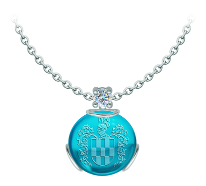 Silver and moissanite pendant with crystal engraved family crest (Blue)Ref. code: CO2000Pendant made in sterling silver with an 18x18mm stained glass cabochon, with the heraldic shield of his family name engraved on the back of the crystal and a 5mm brilliant cut moissanite set.Moissanite is a precious gemstone created in a laboratory that has earned a special place in jewelry for its beauty and unique qualities, it dazzles for its brilliance superior to diamond and its great resistance (9.25 on the Mohs scale).Originally discovered in a meteorite at the end of the 19th century, this 