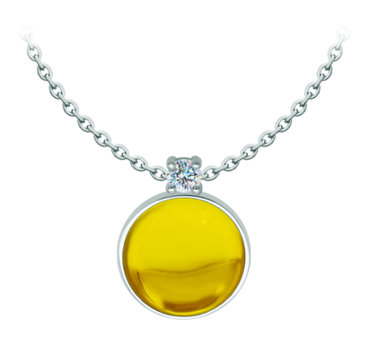 Silberanhänger mit farbigem Kristall und Moissanit (Gelb)Ref. Code: CO2008Anhänger aus Sterlingsilber mit einem 18x18 mm großen farbigen Glascabochon und einem 5 mm großen Moissanit im Brillantschliff.Moissanit ist ein im Labor hergestellter Edelstein, der aufgrund seiner Schönheit und seiner einzigartigen Eigenschaften einen besonderen Platz in der Schmuckherstellung einnimmt. Er besticht durch seinen diamantenähnlichen Glanz und seine hohe Festigkeit (9,25 auf der Mohs-Skala).Ursprünglich wurde er Ende des 19. Jahrhunderts in einem Meteoriten entdeckt, und dieser 