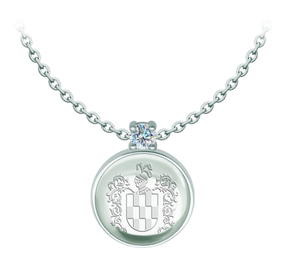 Silberanhänger mit eingraviertem Wappen in Bergkristall und MoissanitRef. Code: CO2019Anhänger aus Sterlingsilber mit einem 18x18 mm großen farbigen Glascabochon, auf dessen Rückseite das Wappen seines Familiennamens eingraviert ist, und einem darin gefassten 5 mm großen Moissanit mit Brillantschliff.Moissanit ist ein im Labor hergestellter Edelstein, der aufgrund seiner Schönheit und seiner einzigartigen Eigenschaften einen besonderen Platz in der Schmuckherstellung einnimmt. Er besticht durch seinen diamantenähnlichen Glanz und seine hohe Festigkeit (9,25 auf der Mohs-Skala).Ursprünglich wurde er Ende des 19. Jahrhunderts in einem Meteoriten entdeckt, und dieser 