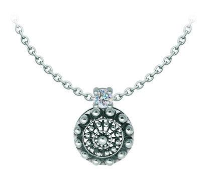 Silver Charro Button pendant with moissaniteRef. code: CO2022Pendant made in sterling silver with a 5mm brilliant cut moissanite.Moissanite is a precious gemstone created in a laboratory that has earned a special place in jewelry for its beauty and unique qualities, it dazzles for its brilliance superior to diamond and its great resistance (9.25 on the Mohs scale).Originally discovered in a meteorite at the end of the 19th century, this 