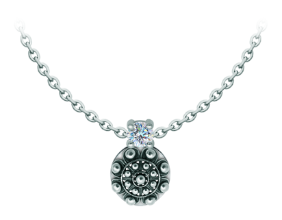 Colgante Botón Charro de plata con moissanitaReferencia: CO2023Colgante fabricado en plata de ley acompañado con una moissanita talla brillante de 5mm engastada.La moissanita es una gema preciosa creada en laboratorio que se ha ganado un lugar especial en la joyería por su belleza y cualidades únicas, deslumbra por su brillo superior al del diamante y su gran resistencia (9,25 en la escala de Mohs).Descubierta originalmente en un meteorito a finales del siglo XIX, y ese origen “estelar” le otorga un encanto singular.Llena de destellos únicos, combina lujo y elegancia en una sola joya.Medida: 12x12mm.