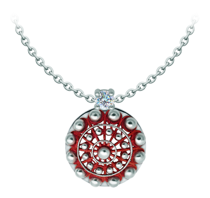 Charro Button-Anhänger aus emailliertem Silber mit Moissanit (Rot)Ref. Code: CO2024Anhänger aus gebranntem emailliertem Sterlingsilber mit einem 5 mm großen Moissanit im Brillantschliff.Moissanit ist ein im Labor hergestellter Edelstein, der aufgrund seiner Schönheit und seiner einzigartigen Eigenschaften einen besonderen Platz in der Schmuckherstellung einnimmt. Er besticht durch seinen diamantenähnlichen Glanz und seine hohe Festigkeit (9,25 auf der Mohs-Skala).Ursprünglich wurde er Ende des 19. Jahrhunderts in einem Meteoriten entdeckt, und dieser 