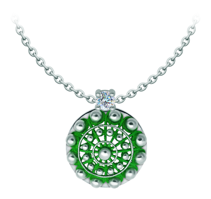 Enameled silver Charro Button Pendant with moissanite (Green)Ref. code: CO2024Pendant made of baked enameled sterling silver with a 5mm brilliant cut moissanite.Moissanite is a precious gemstone created in a laboratory that has earned a special place in jewelry for its beauty and unique qualities, it dazzles for its brilliance superior to diamond and its great resistance (9.25 on the Mohs scale).Originally discovered in a meteorite at the end of the 19th century, this 