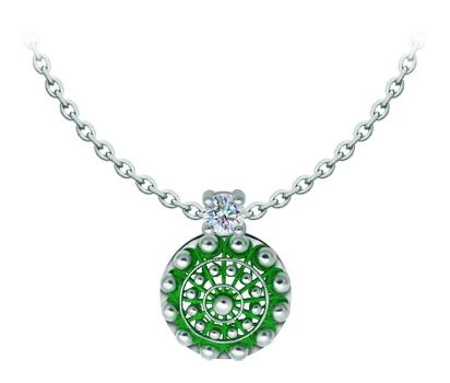 Pendentif bouton Charro en argent émaillé avec moissanite (Vert)Referencia: CO2025Pendentif en argent sterling émaillé au four, serti d'une moissanite de 5 mm de taille brillant.La moissanite est une pierre précieuse créée en laboratoire qui a gagné une place spéciale dans la joaillerie en raison de sa beauté et de ses qualités uniques. Elle éblouit par son éclat semblable à celui d'un diamant et par sa grande résistance (9,25 sur l'échelle de Mohs).Découverte à l'origine dans une météorite à la fin du 19e siècle, cette origine 