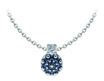 Pendentif bouton Charro en argent émaillé avec moissanite (Bleu)Referencia: CO2026Pendentif en argent sterling émaillé au four, serti d'une moissanite de 5 mm de taille brillant.La moissanite est une pierre précieuse créée en laboratoire qui a gagné une place spéciale dans la joaillerie en raison de sa beauté et de ses qualités uniques. Elle éblouit par son éclat semblable à celui d'un diamant et par sa grande résistance (9,25 sur l'échelle de Mohs).Découverte à l'origine dans une météorite à la fin du 19e siècle, cette origine 