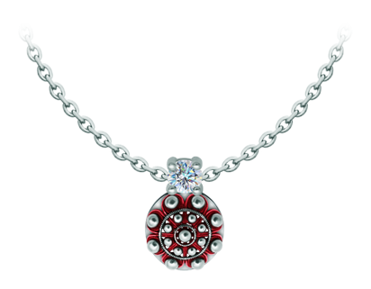 Charro Button-Anhänger aus emailliertem Silber mit Moissanit (Rot)Ref. Code: CO2026Anhänger aus gebranntem emailliertem Sterlingsilber mit einem 5 mm großen Moissanit im Brillantschliff.Moissanit ist ein im Labor hergestellter Edelstein, der aufgrund seiner Schönheit und seiner einzigartigen Eigenschaften einen besonderen Platz in der Schmuckherstellung einnimmt. Er besticht durch seinen diamantenähnlichen Glanz und seine hohe Festigkeit (9,25 auf der Mohs-Skala).Ursprünglich wurde er Ende des 19. Jahrhunderts in einem Meteoriten entdeckt, und dieser 