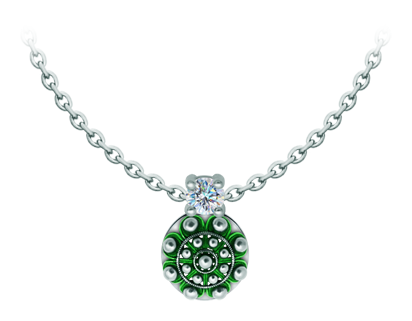 Pendentif bouton Charro en argent émaillé avec moissanite (Vert)Referencia: CO2026Pendentif en argent sterling émaillé au four, serti d'une moissanite de 5 mm de taille brillant.La moissanite est une pierre précieuse créée en laboratoire qui a gagné une place spéciale dans la joaillerie en raison de sa beauté et de ses qualités uniques. Elle éblouit par son éclat semblable à celui d'un diamant et par sa grande résistance (9,25 sur l'échelle de Mohs).Découverte à l'origine dans une météorite à la fin du 19e siècle, cette origine 