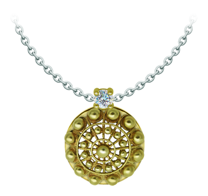 Colgante Boton Charro chapado en oro con moissanitaReferencia: CO2027Colgante chapado en oro acompañado de una moissanita talla brillante de 5mm engastada.La moissanita es una gema preciosa creada en laboratorio que se ha ganado un lugar especial en la joyería por su belleza y cualidades únicas, deslumbra por su brillo superior al del diamante y su gran resistencia (9,25 en la escala de Mohs).Descubierta originalmente en un meteorito a finales del siglo XIX, y ese origen “estelar” le otorga un encanto singular.Llena de destellos únicos, combina lujo y elegancia en una sola joya.Medida: 21x21mm.