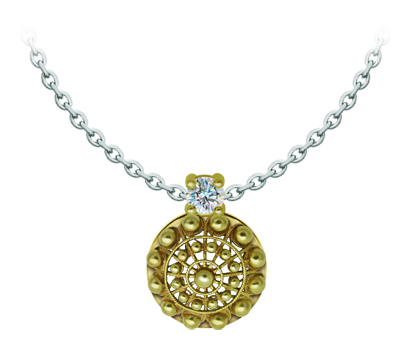 Pendentif bouton Charro plaqué or avec moissaniteReferencia: CO2028Pendentif plaqué or accompagné d'une moissanite de 5 mm de taille brillant sertie dans un diamant.La moissanite est une pierre précieuse créée en laboratoire qui a gagné une place spéciale dans la joaillerie en raison de sa beauté et de ses qualités uniques. Elle éblouit par son éclat semblable à celui d'un diamant et par sa grande résistance (9,25 sur l'échelle de Mohs).Découverte à l'origine dans une météorite à la fin du 19e siècle, cette origine 