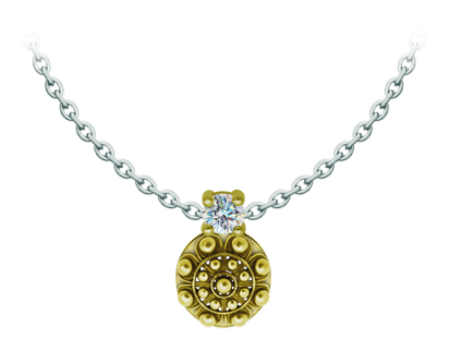 Colgante Boton Charro chapado en oro con moissanitaReferencia: CO2029Colgante chapado en oro acompañado de una moissanita talla brillante de 5mm engastada.La moissanita es una gema preciosa creada en laboratorio que se ha ganado un lugar especial en la joyería por su belleza y cualidades únicas, deslumbra por su brillo superior al del diamante y su gran resistencia (9,25 en la escala de Mohs).Descubierta originalmente en un meteorito a finales del siglo XIX, y ese origen “estelar” le otorga un encanto singular.Llena de destellos únicos, combina lujo y elegancia en una sola joya.Medida: 12x12mm.