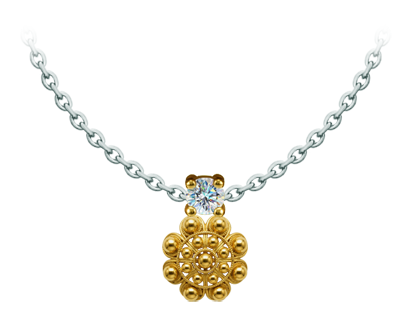 Pendentif bouton Charro plaqué or avec moissaniteReferencia: CO2029Pendentif plaqué or accompagné d'une moissanite de 5 mm de taille brillant sertie dans un diamant.La moissanite est une pierre précieuse créée en laboratoire qui a gagné une place spéciale dans la joaillerie en raison de sa beauté et de ses qualités uniques. Elle éblouit par son éclat semblable à celui d'un diamant et par sa grande résistance (9,25 sur l'échelle de Mohs).Découverte à l'origine dans une météorite à la fin du 19e siècle, cette origine 