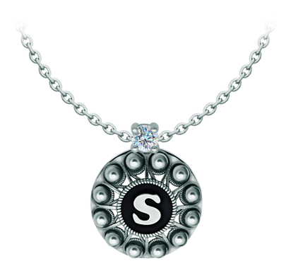 Personalized Charro Button Pendant in silver with moissanite (Black)Ref. code: CO2030Pendant made in sterling silver personalized with your name initial enameled in the oven with a 5mm brilliant cut moissanite set.Moissanite is a precious gemstone created in a laboratory that has earned a special place in jewelry for its beauty and unique qualities, it dazzles for its brilliance superior to diamond and its great resistance (9.25 on the Mohs scale).Originally discovered in a meteorite at the end of the 19th century, this 