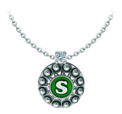 Colgante Botón Charro personalizado en plata con moissanita (Verde)Referencia: CO2030Colgante fabricado en plata de ley personalizado con inicial de su nombre esmaltada al horno acompañado de una moissanita talla brillante de 5mm engastada.La moissanita es una gema preciosa creada en laboratorio que se ha ganado un lugar especial en la joyería por su belleza y cualidades únicas, deslumbra por su brillo superior al del diamante y su gran resistencia (9,25 en la escala de Mohs).Descubierta originalmente en un meteorito a finales del siglo XIX, y ese origen “estelar” le otorga un encanto singular.Llena de destellos únicos, combina lujo y elegancia en una sola joya.Medida: 21x21mm.