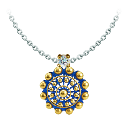 Vergoldeter „Boton Charro“-Anhänger mit Emaille und Moissanit (Blau)Ref. Code: CO2039Vergoldeter Anhänger mit Einbrennlackierung, verziert mit einem eingefassten 5 mm großen Moissanit im Brillantschliff.Moissanit ist ein im Labor hergestellter Edelstein, der aufgrund seiner Schönheit und seiner einzigartigen Eigenschaften einen besonderen Platz in der Schmuckherstellung einnimmt. Er besticht durch seinen diamantenähnlichen Glanz und seine hohe Festigkeit (9,25 auf der Mohs-Skala).Ursprünglich wurde er Ende des 19. Jahrhunderts in einem Meteoriten entdeckt, und dieser 