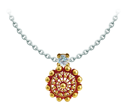 Pendentif « Boton Charro » plaqué or, émaillé et serti de moissanite (Rouge)Referencia: CO2040Pendentif plaqué or et émaillé au four, orné d'une moissanite de 5 mm taillée en brillant.La moissanite est une pierre précieuse créée en laboratoire qui a gagné une place spéciale dans la joaillerie en raison de sa beauté et de ses qualités uniques. Elle éblouit par son éclat semblable à celui d'un diamant et par sa grande résistance (9,25 sur l'échelle de Mohs).Découverte à l'origine dans une météorite à la fin du 19e siècle, cette origine 
