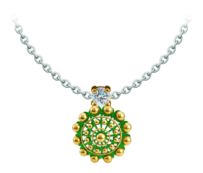 Pendentif « Boton Charro » plaqué or, émaillé et serti de moissanite (Vert)Referencia: CO2040Pendentif plaqué or et émaillé au four, orné d'une moissanite de 5 mm taillée en brillant.La moissanite est une pierre précieuse créée en laboratoire qui a gagné une place spéciale dans la joaillerie en raison de sa beauté et de ses qualités uniques. Elle éblouit par son éclat semblable à celui d'un diamant et par sa grande résistance (9,25 sur l'échelle de Mohs).Découverte à l'origine dans une météorite à la fin du 19e siècle, cette origine 