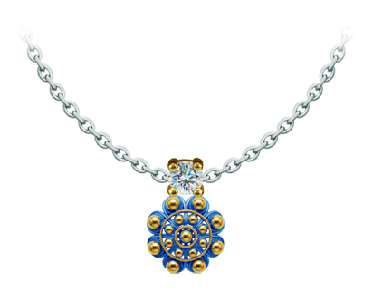 Vergoldeter „Boton Charro“-Anhänger mit Emaille und Moissanit (Blau)Ref. Code: CO2041Vergoldeter Anhänger mit Einbrennlackierung, verziert mit einem eingefassten 5 mm großen Moissanit im Brillantschliff.Moissanit ist ein im Labor hergestellter Edelstein, der aufgrund seiner Schönheit und seiner einzigartigen Eigenschaften einen besonderen Platz in der Schmuckherstellung einnimmt. Er besticht durch seinen diamantenähnlichen Glanz und seine hohe Festigkeit (9,25 auf der Mohs-Skala).Ursprünglich wurde er Ende des 19. Jahrhunderts in einem Meteoriten entdeckt, und dieser 