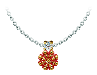 Gold-plated Charro button pendant with enamel and moissanite (Red)
Ref. code: CO2041
Gold-plated pendant with oven-baked enamel, featuring a 5mm brilliant-cut moissanite set in the pendant.
Moissanite is a precious gemstone created in a laboratory that has earned a special place in jewelry for its beauty and unique qualities, it dazzles for its brilliance superior to diamond and its great resistance (9.25 on the Mohs scale).
Originally discovered in a meteorite at the end of the 19th century, this Gold-plated Charro button pendant with enamel and moissanite (Red)
Ref. code: CO2041
Gold-plated pendant with oven-baked enamel, featuring a 5mm brilliant-cut moissanite set in the pendant.
Moissanite is a precious gemstone created in a laboratory that has earned a special place in jewelry for its beauty and unique qualities, it dazzles for its brilliance superior to diamond and its great resistance (9.25 on the Mohs scale).
Originally discovered in a meteorite at the end of the 19th century, this