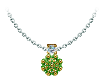 Pendentif « Boton Charro » plaqué or, émaillé et serti de moissanite (Vert)Referencia: CO2041Pendentif plaqué or et émaillé au four, orné d'une moissanite de 5 mm taillée en brillant.La moissanite est une pierre précieuse créée en laboratoire qui a gagné une place spéciale dans la joaillerie en raison de sa beauté et de ses qualités uniques. Elle éblouit par son éclat semblable à celui d'un diamant et par sa grande résistance (9,25 sur l'échelle de Mohs).Découverte à l'origine dans une météorite à la fin du 19e siècle, cette origine 