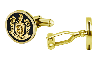 Gold plated and enameled heraldic cuff links (Black)Ref. code: GE0404Personalized cufflinks with the heraldic coat of arms of your family name carved in bas-relief and enameled in the oven.Craftsmanship of great meticulousness.Size: 18x18mm.