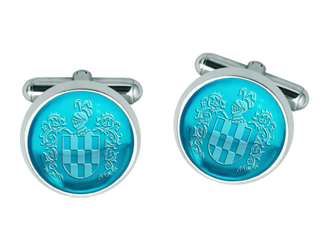 Silver cufflinks with crystal engraved family crest (Blue)Ref. code: GE0424Cufflinks made in sterling silver with a 14x14mm stained glass cabochon, with the heraldic shield of your family name engraved on the back of the glass.Moissanite is a precious gemstone created in a laboratory that has earned a special place in jewelry for its beauty and unique qualities, it dazzles for its brilliance superior to diamond and its great resistance (9.25 on the Mohs scale).Originally discovered in a meteorite at the end of the 19th century, this 