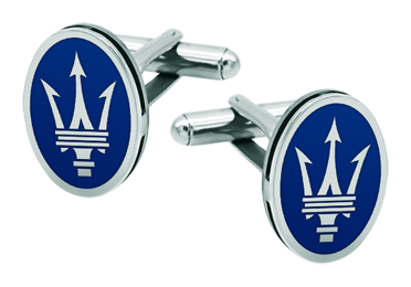 Personalized "Maserati Logo" Cufflinks in Silver and SteelRef. code: GE0427Custom cufflinks featuring the Maserati logo engraved in low relief on sterling silver, with oven-fired enamel, mounted on polished steel.Craftsmanship of great meticulousness.Size: 15x20mm.