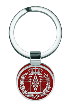 Llavero de Ingeniero de Telecomunicaciones en plata, celulosa y acero (Rojo)Referencia: LL0342Llavero con escudo de la profesión de Ingeniero de Telecomunicaciones en plata de ley esmaltada a mano, sobre celulosa de colores y acero pulido.Medida: 18x18mm.