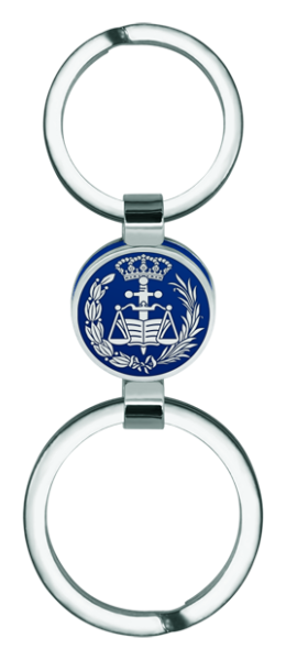 Law School Keychain Made of Silver, Cellulose, and Steel (Blue)Ref. code: LL0344Keychain featuring a lawyer's coat of arms in hand-enameled sterling silver, mounted on colored cellulose and polished steel.Size: 18x18mm.