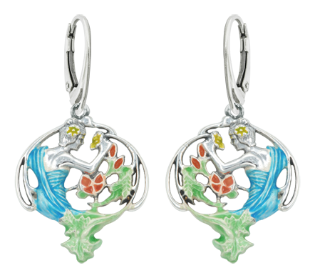 Jugendstil-Ohrringe aus Silber "Frau mit Blumen"Ref. Code: PE0042Jugendstil-Ohrringe aus Sterlingsilber.Emailliert in blau, grün, gelb und bernsteinfarben.Museumsstücke, die von den repräsentativsten Werken des Jugendstils, des Art déco und des Modernismus des späten 19. und frühen 20. Jahrhunderts inspiriert sind.Gr&ouml;&szlig;e: 25x27mm.