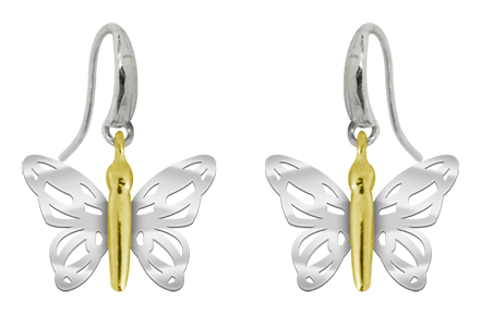 Jugendstil-Ohrringe "Schmetterling" aus Silber und GoldRef. Code: PE1686Jugendstil-Schmetterlingsohrringe mit Flügeln aus Sterlingsilber und vergoldetem Körper.Museumsstücke, die von den repräsentativsten Werken des Jugendstils, des Art déco und des Modernismus des späten 19. und frühen 20. Jahrhunderts inspiriert sind.Gr&ouml;&szlig;e: 23x17mm.