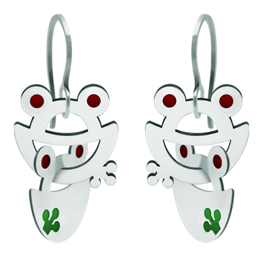 Edelstahl-Ohrringe "Froschsilhouette"Ref. Code: PE3201Ineinander greifende Frosch-Ohrringe aus einbrennlackiertem, poliertem Stahl.Gr&ouml;&szlig;e: 20x20mm.