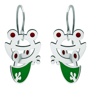 Boucles d'oreilles en argent et acier "Silhouette de grenouille" (Vert)Referencia: PE3202Boucles d'oreilles grenouille entrelacées en argent sterling émaillé au four et en acier.Medida: 20x20mm.