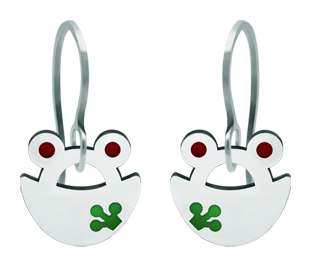 Edelstahl-Ohrringe "Froschsilhouette"Ref. Code: PE3204Ohrringe aus gebackenem, emailliertem und poliertem Stahl.Gr&ouml;&szlig;e: 16x16mm.