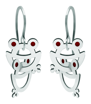 Edelstahl-Ohrringe "Froschsilhouette"Ref. Code: PE3206Ineinander greifende Frosch-Ohrringe aus einbrennlackiertem, poliertem Stahl.Gr&ouml;&szlig;e: 16x16mm.