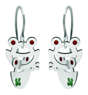 Boucles d'oreilles en acier inoxydable "silhouette de grenouille"Referencia: PE3207Boucles d'oreilles grenouilles imbriquées en acier poli et émaillé.Medida: 16x16mm.